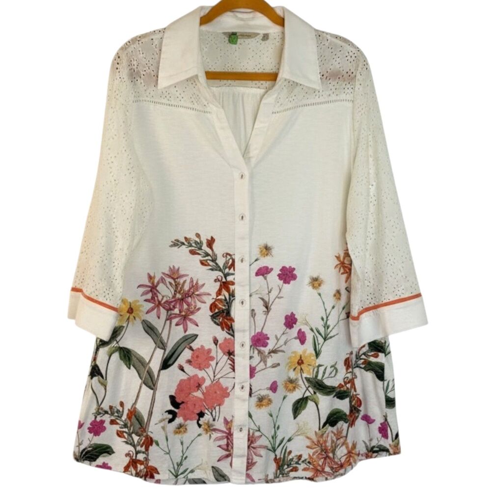 Soft Surroundings Colleen Button Front Top Shirt Blouse Eyelet Floral L